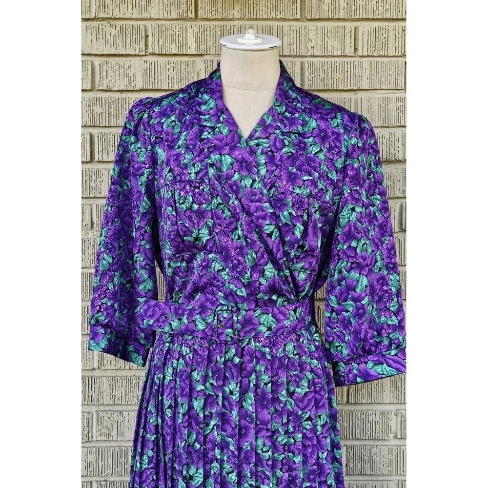 Vintage 80's Breli Original‎ Green & Purple Floral Belted Dress Size:12